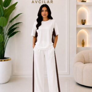 ✨ Premium Oysh Kumaş Acı Kahve Şerit Detaylı Takım