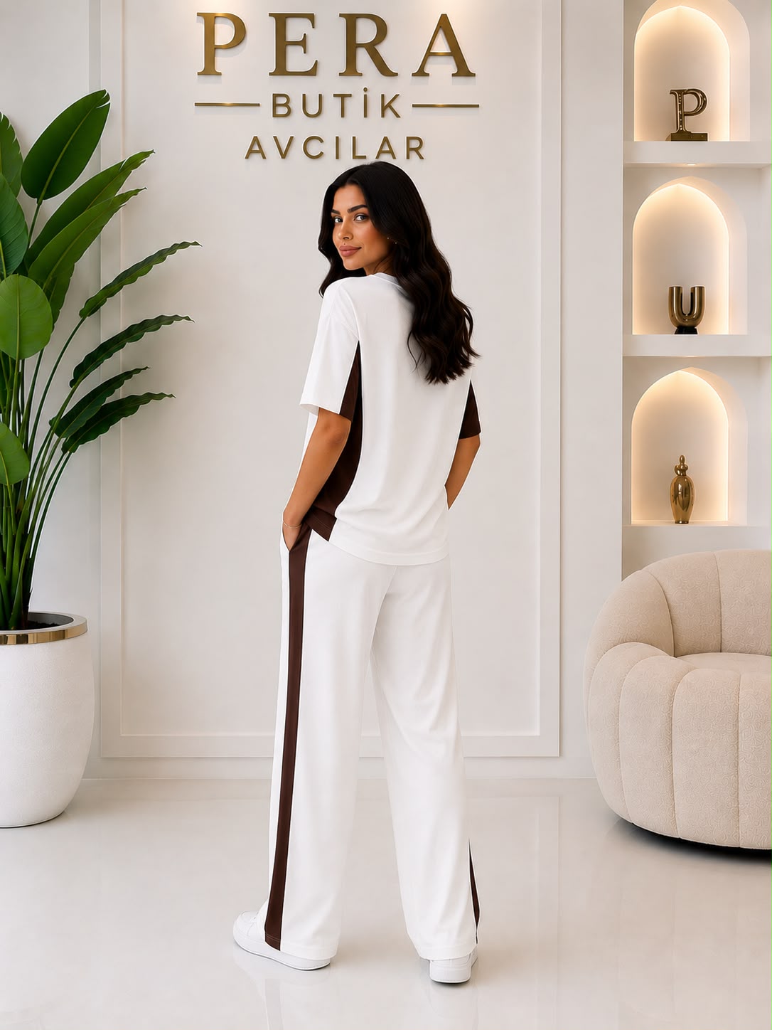 ✨ Premium Oysh Kumaş Acı Kahve Şerit Detaylı Takım - Görsel 3