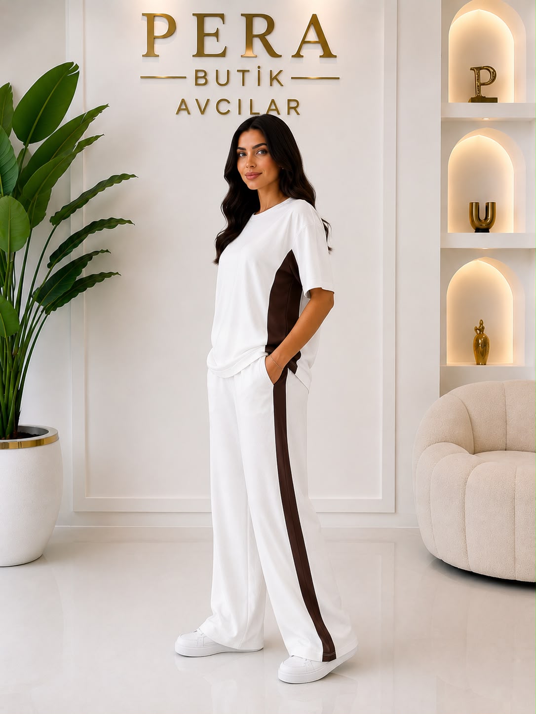 ✨ Premium Oysh Kumaş Acı Kahve Şerit Detaylı Takım - Görsel 2