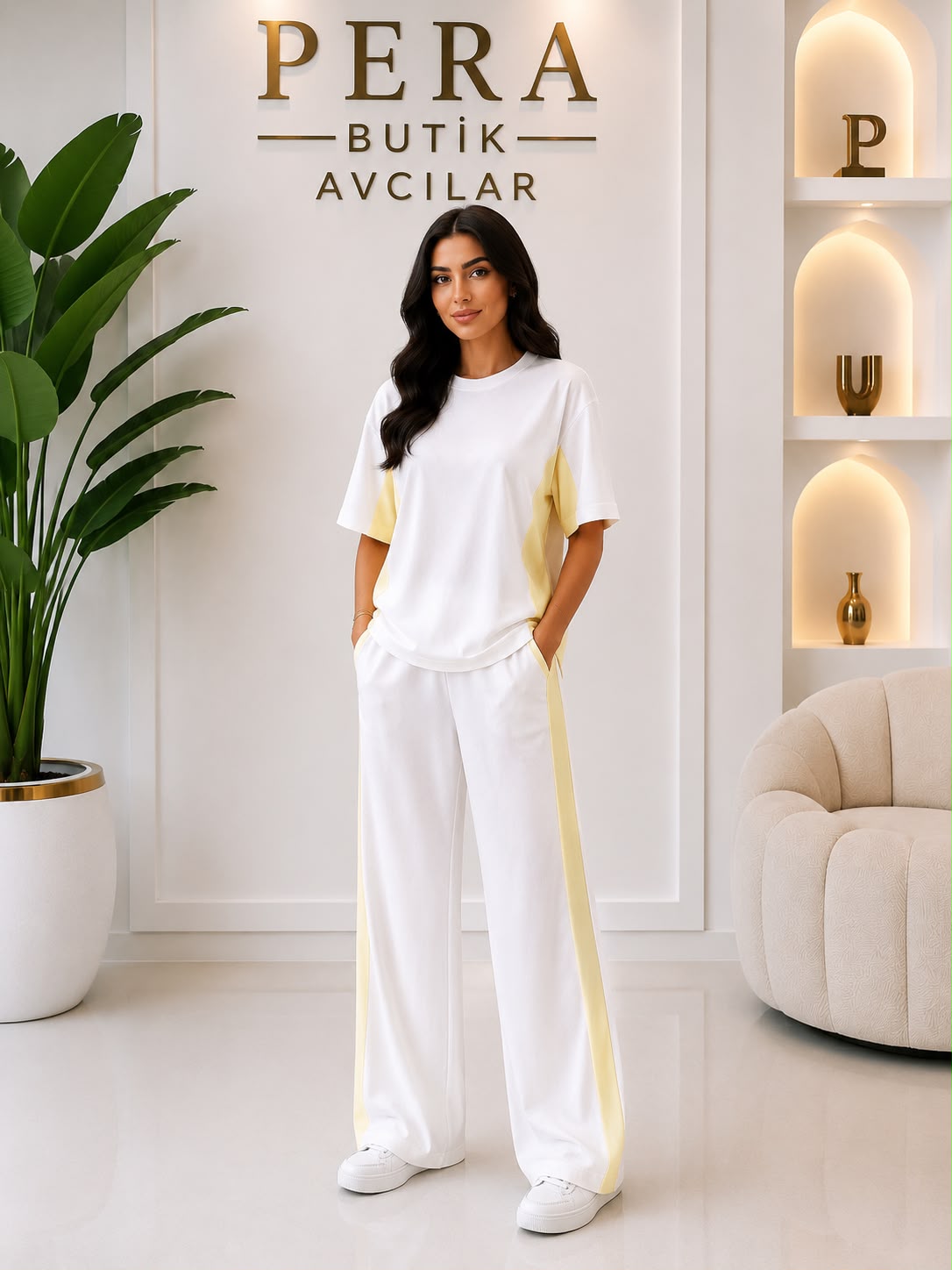 ✨ Premium Oysh Kumaş Sarı Şerit Detaylı Takım