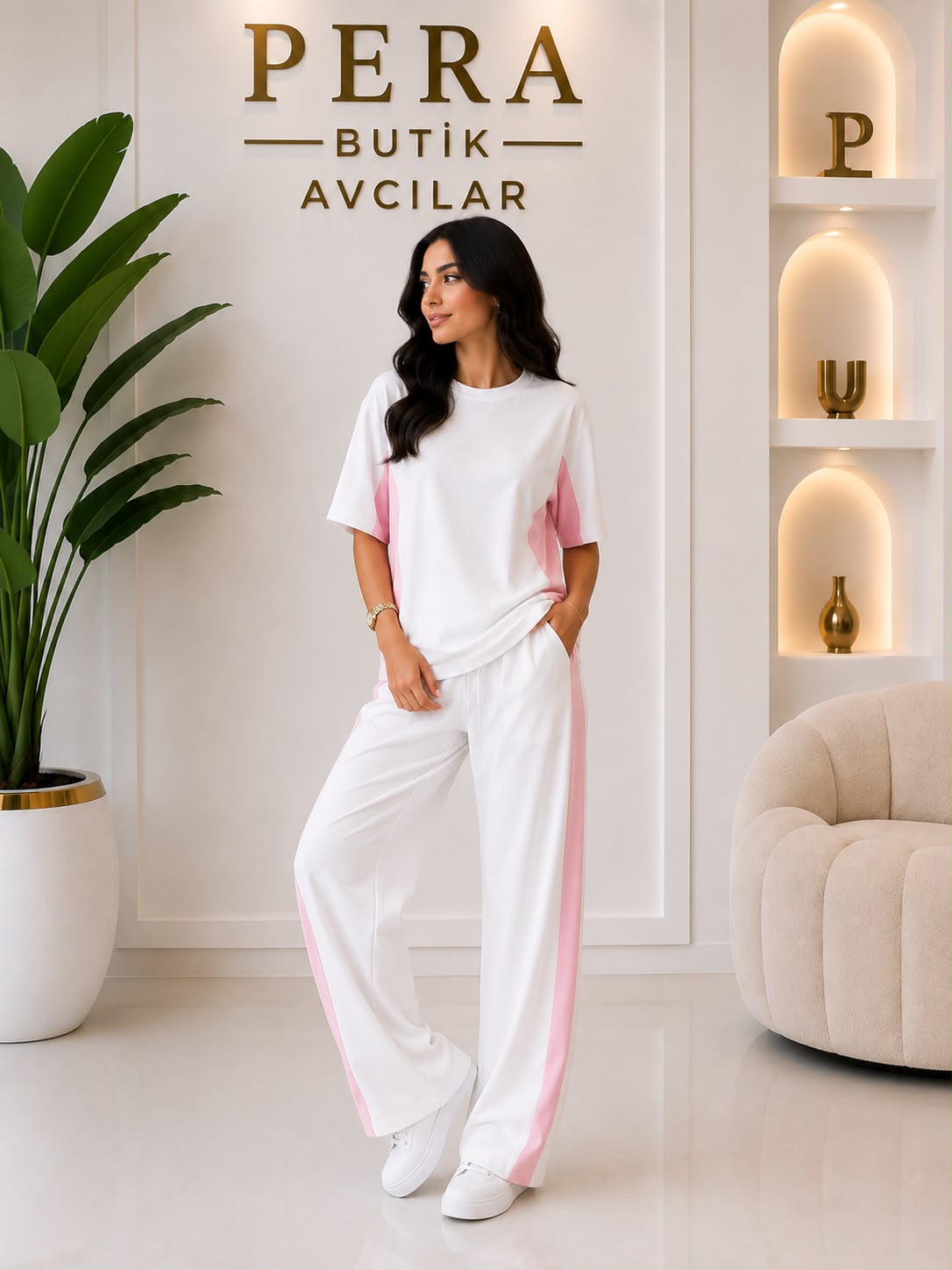 ✨ Premium Oysh Kumaş Pembe Şerit Detaylı Takım - Görsel 2