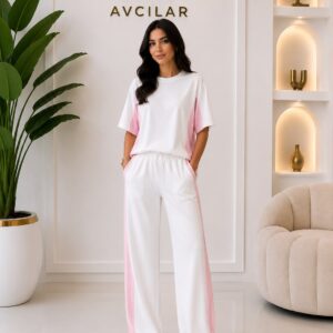 ✨ Premium Oysh Kumaş Pembe Şerit Detaylı Takım