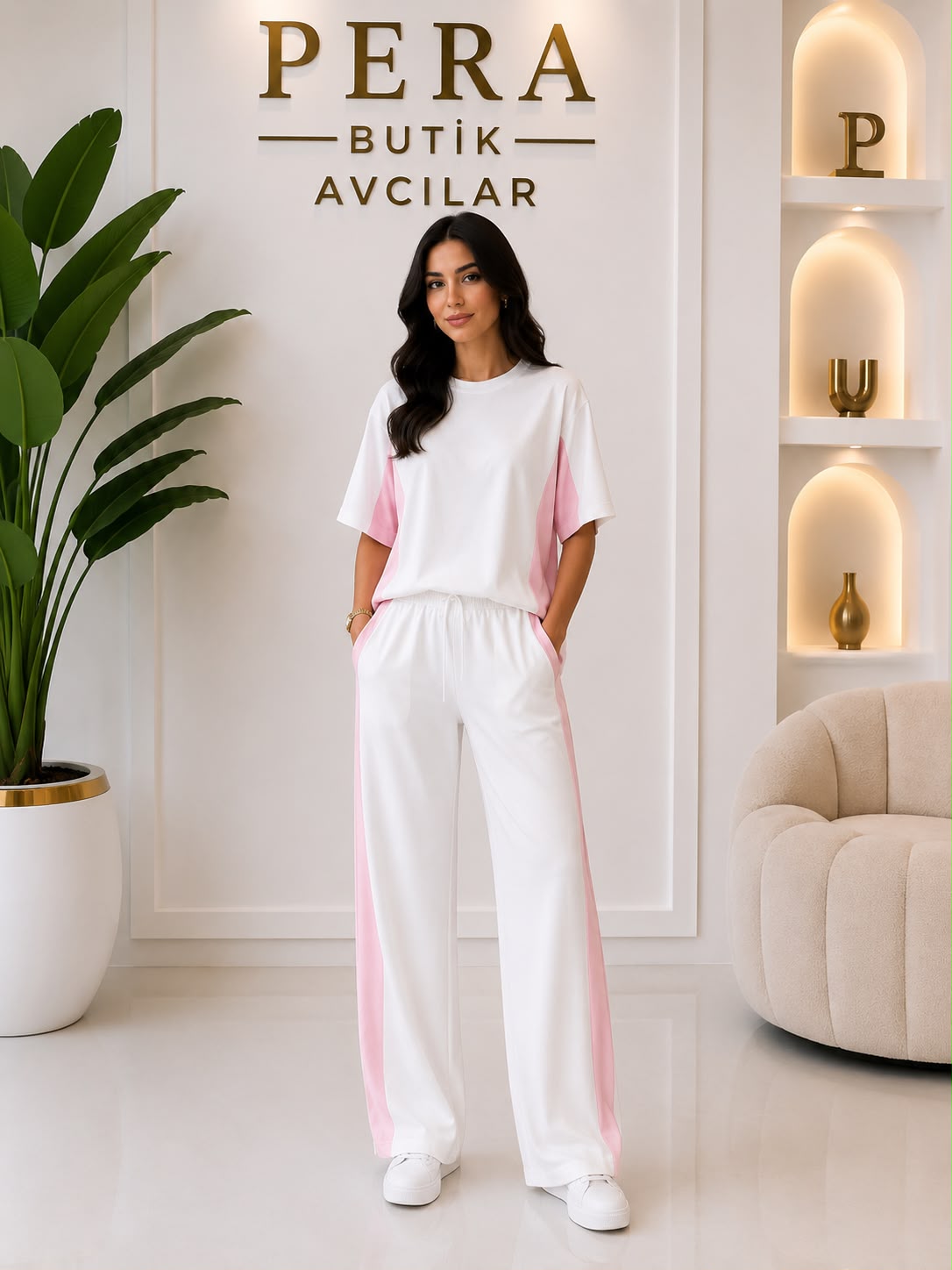 ✨ Premium Oysh Kumaş Pembe Şerit Detaylı Takım